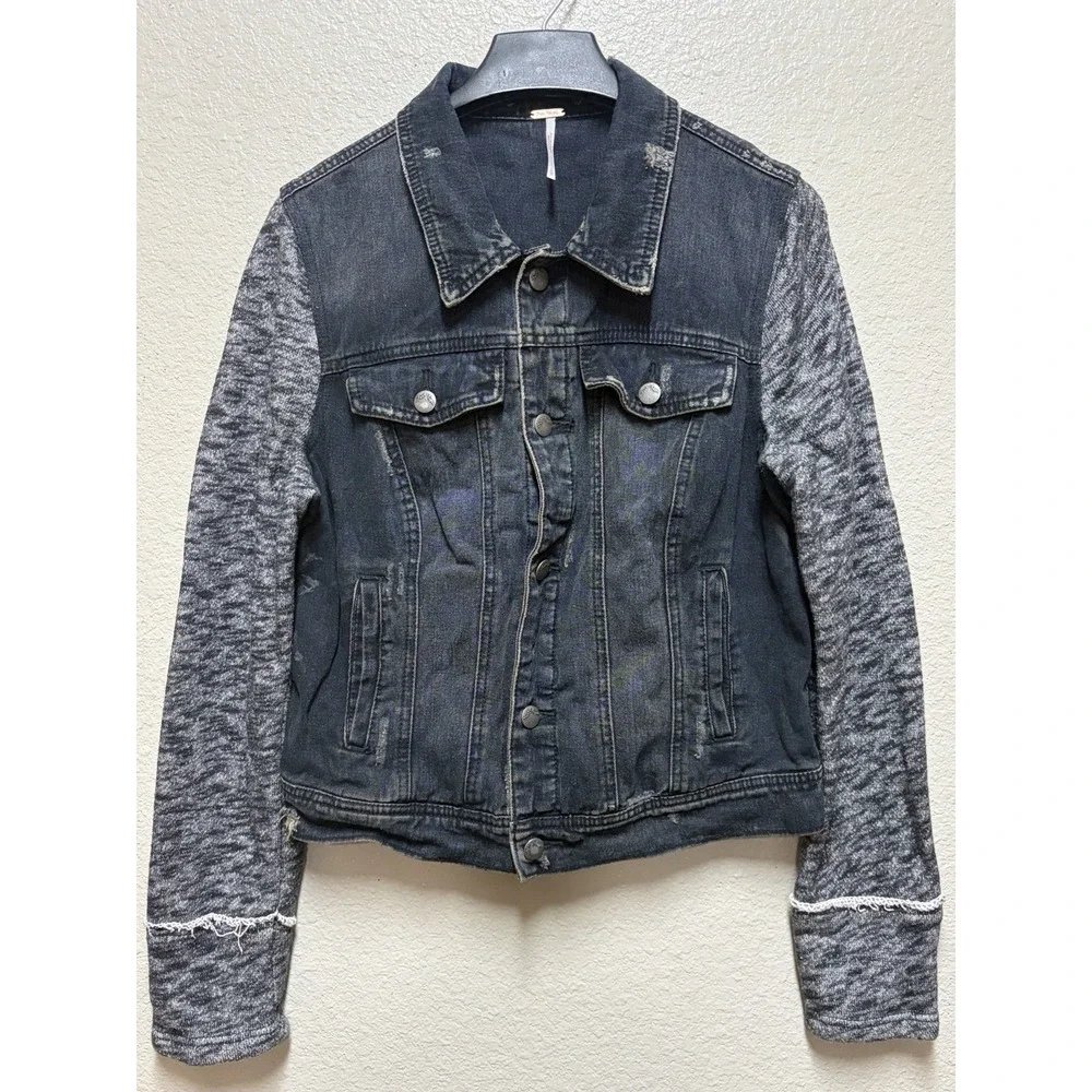 Free People Women's XS Blue/Gray Denim Jacket, Button-Front, Collared, Pockets